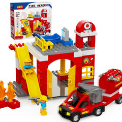 JIXIN Fire Station Playset unboxing scene showing components