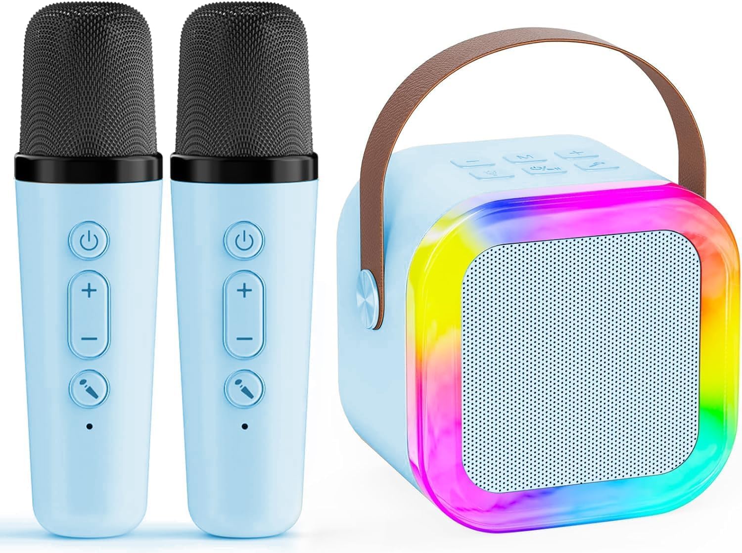 JJYEITUO kids karaoke machine blue with 2 wireless mics for home fun.