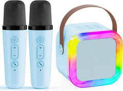 JJYEITUO kids karaoke machine blue with 2 wireless mics for home fun.