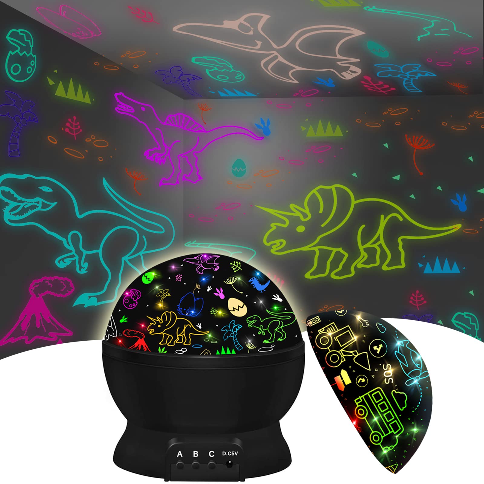 JKGIFTS dino projection night light with 360° rotation for dreamy kid rooms.