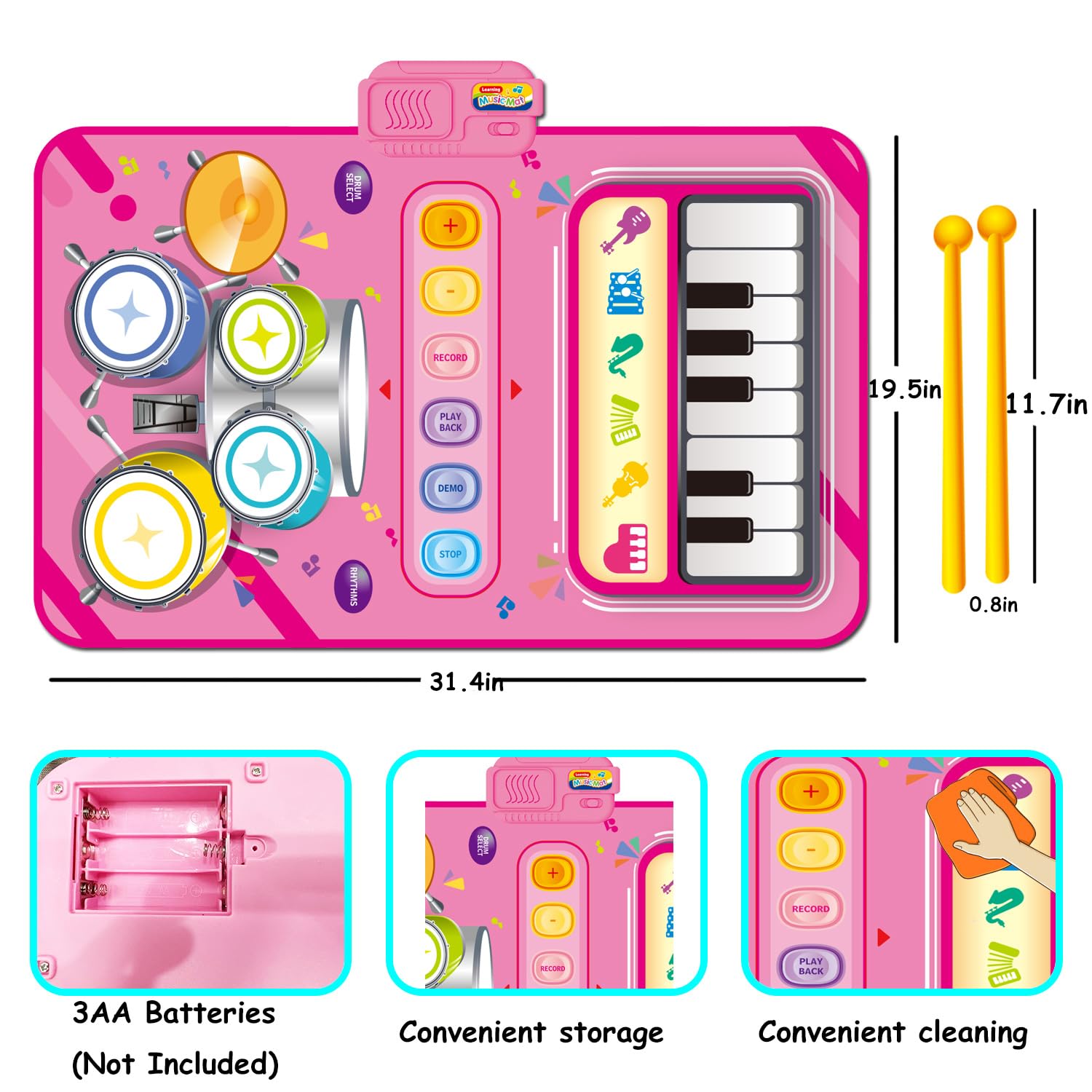 JKGIFTS drum side with sticks supports rhythm and coordination.