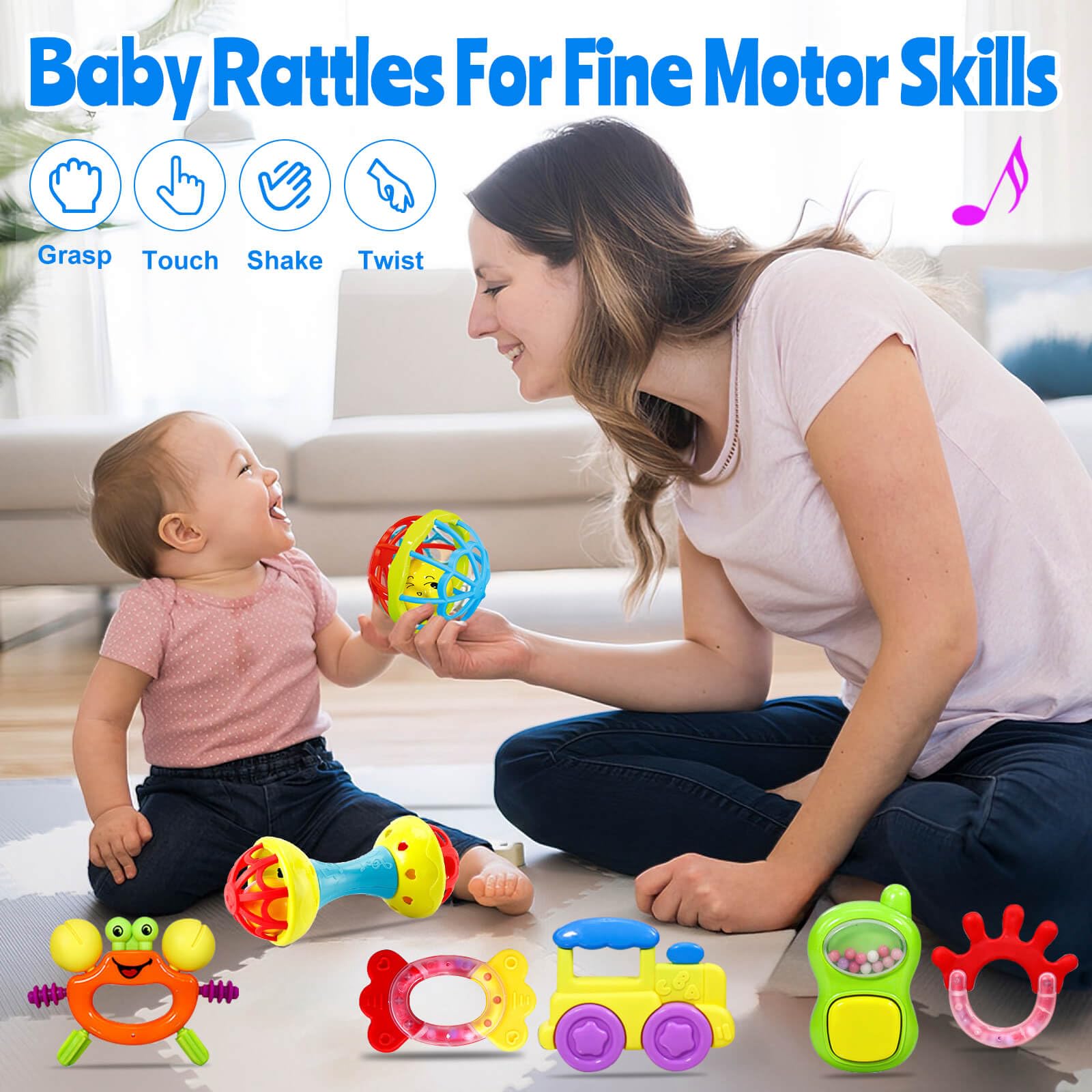 JKHEPL baby toys care image shows dishwasher-safe cleaning and quick sterilization.