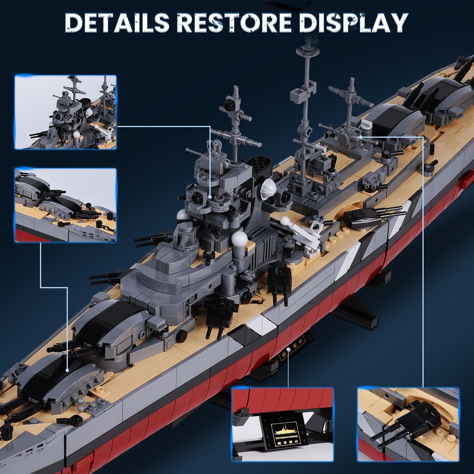Navy-gray hull close-up on JMBricklayer Bismarck for premium realism.