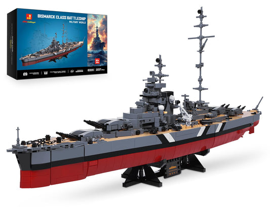 JMBricklayer Bismarck battleship kit displayed on a desk for history-inspired decor.