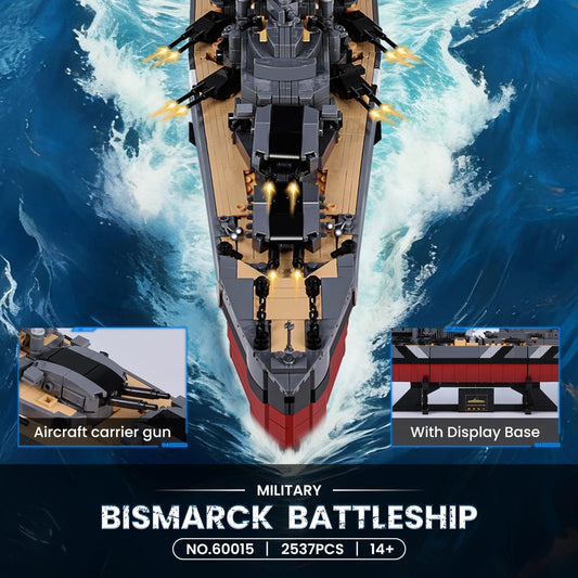 Rotating gun turrets detail on JMBricklayer Bismarck model for realistic display.