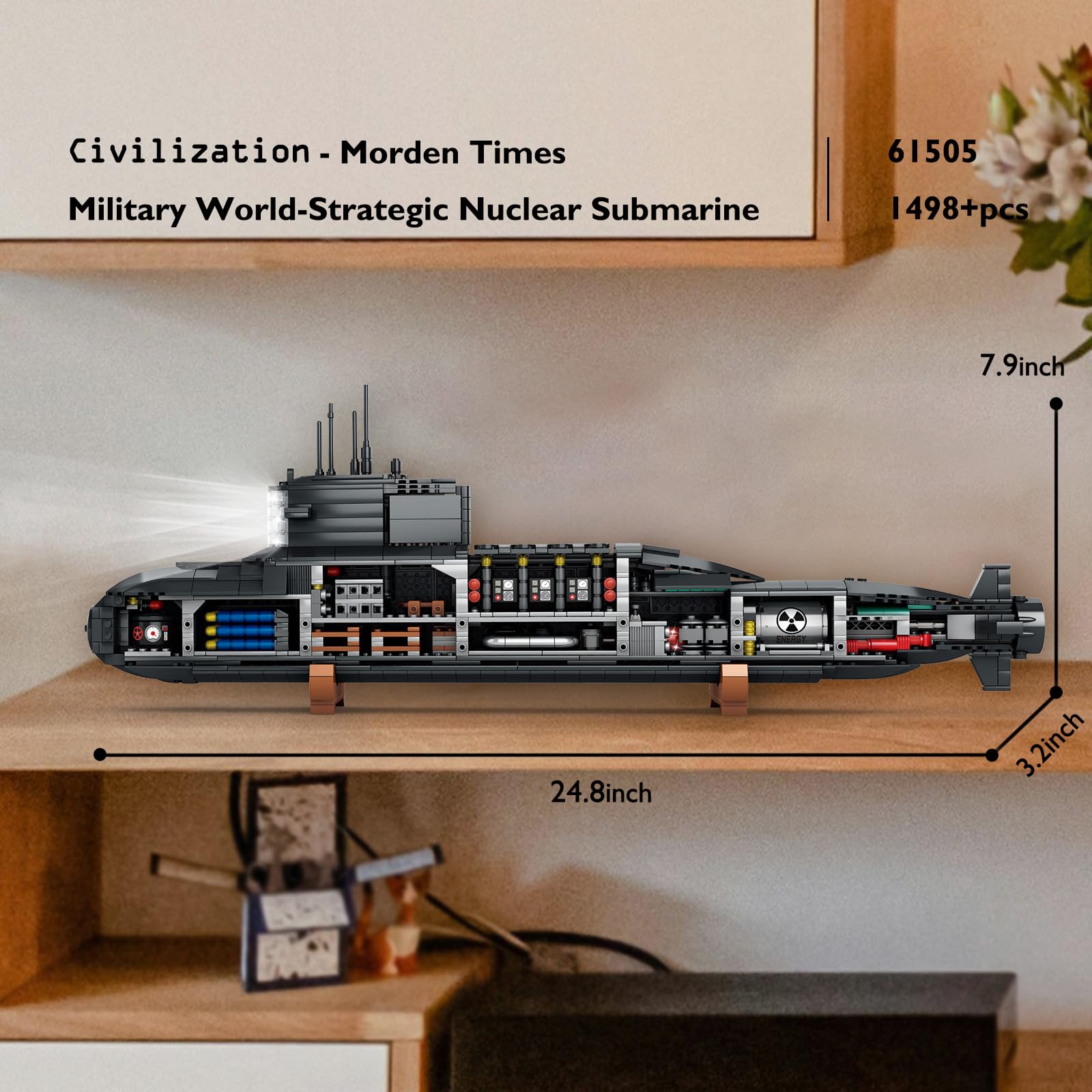 JMBricklayer submarine with LED lights creating dramatic night-time display