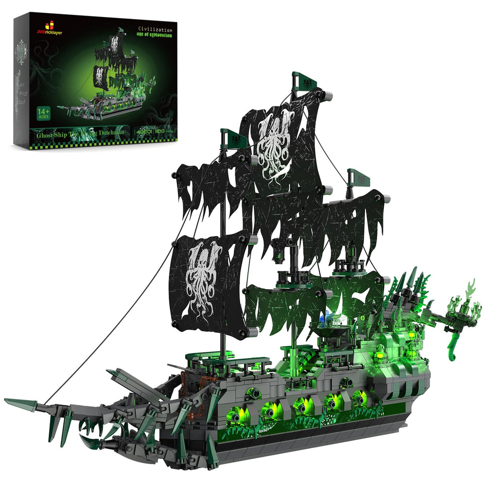 JMBricklayer pirate ship lights illuminate the model for a striking display.