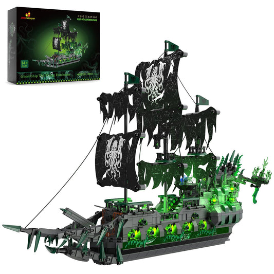 JMBricklayer pirate ship lights illuminate the model for a striking display.