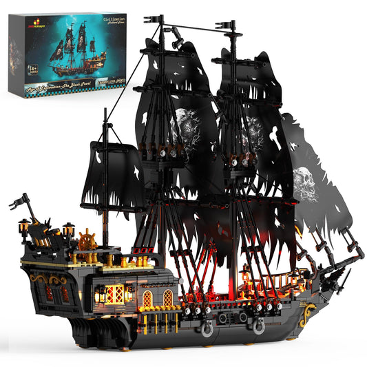 JMBricklayer pirate ship lights illuminate the model for a dramatic display.