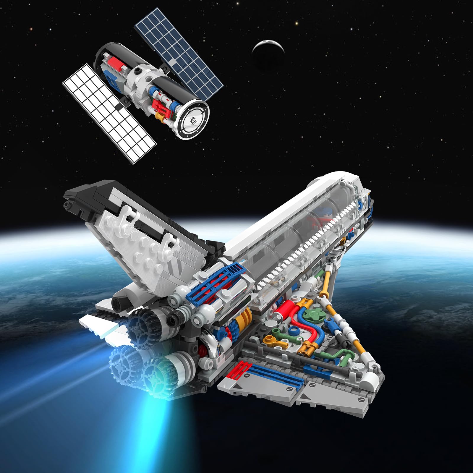 JMBricklayer Space Shuttle with movable hatch and solar panel for interactive play