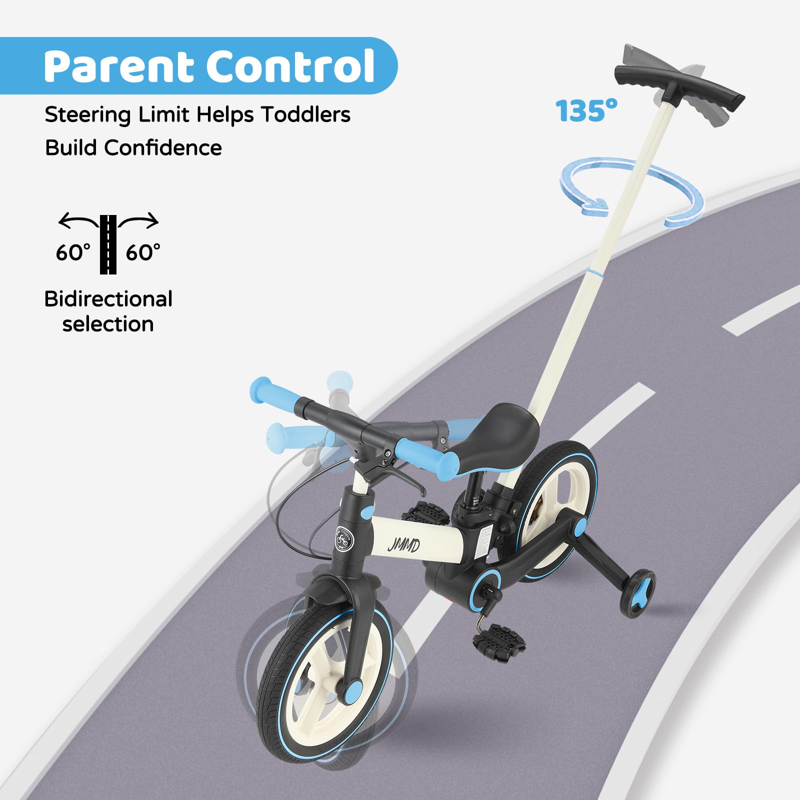 JMMD 6-in-1 toddler bike with 12-inch wheels for stable traction.