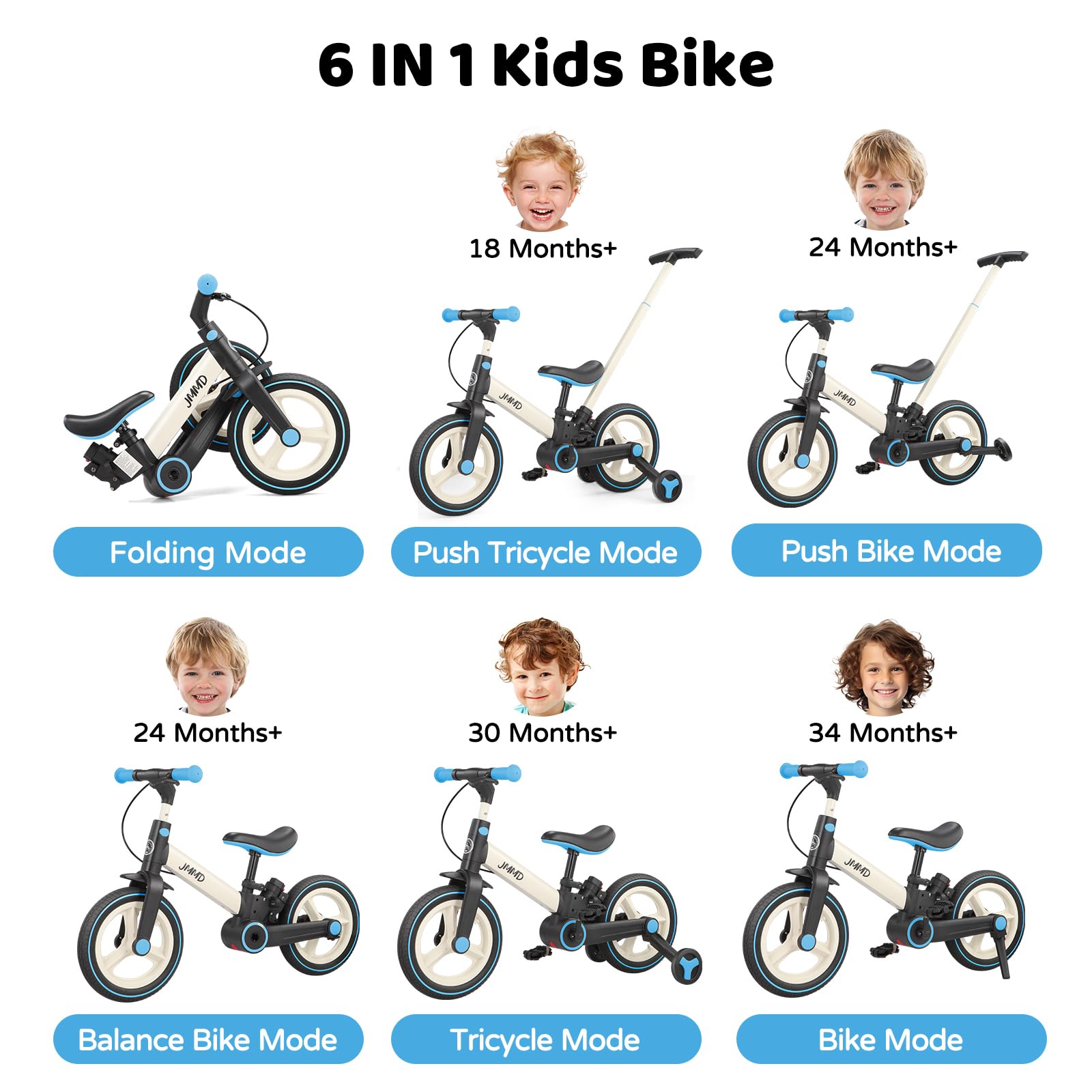 JMMD 6-in-1 toddler bike adjustable seat supports growing comfort.