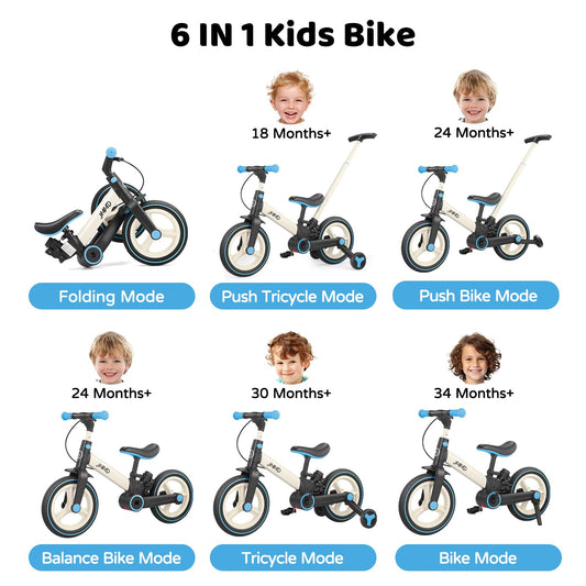 JMMD 6-in-1 toddler bike adjustable seat supports growing comfort.