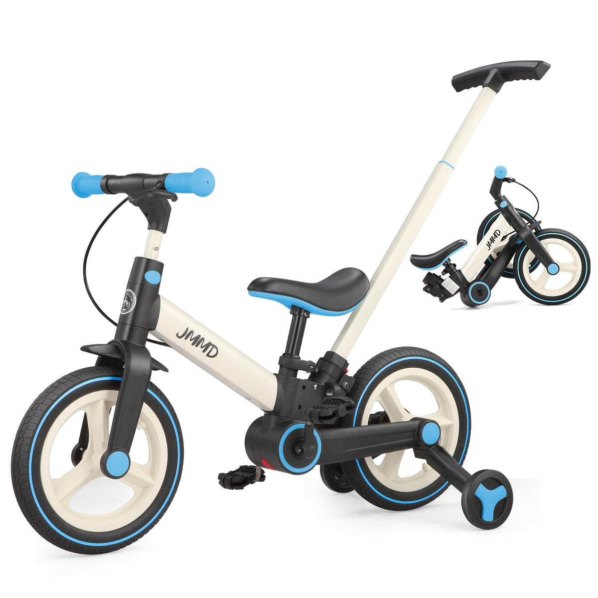 JMMD 6-in-1 toddler bike with push handle provides safe guided rides.