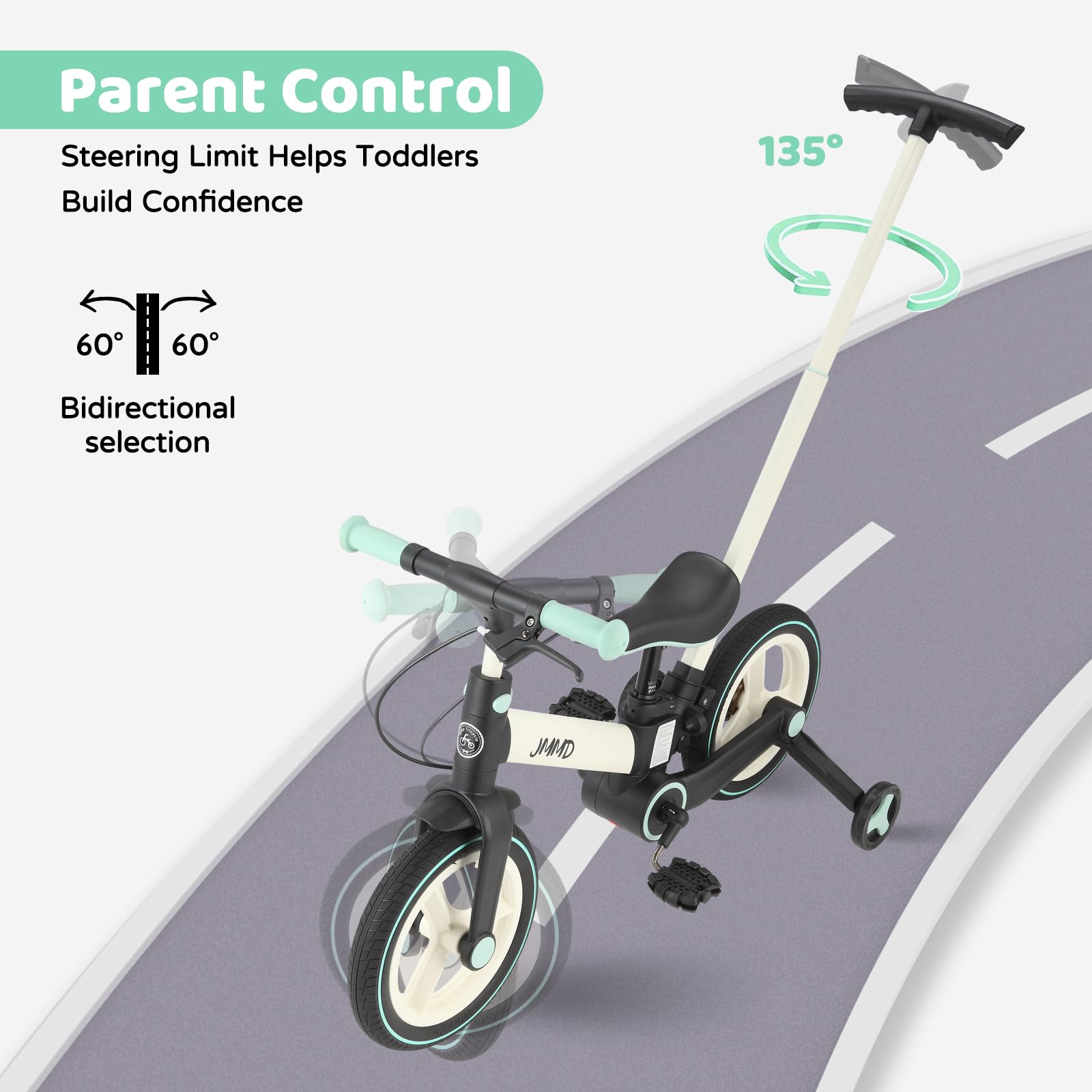 JMMD 6-in-1 12-inch wheels provide stable rides on various surfaces.