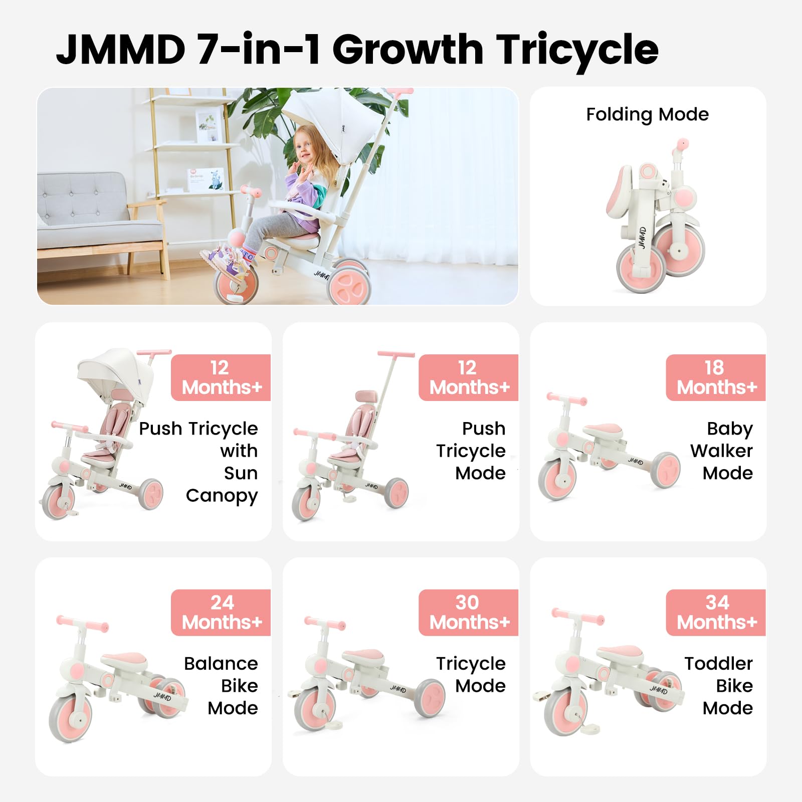 JMMD 7-in-1 tricycle with adjustable parent handle for guided rides.