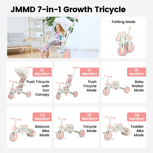 JMMD 7-in-1 tricycle with adjustable parent handle for guided rides.