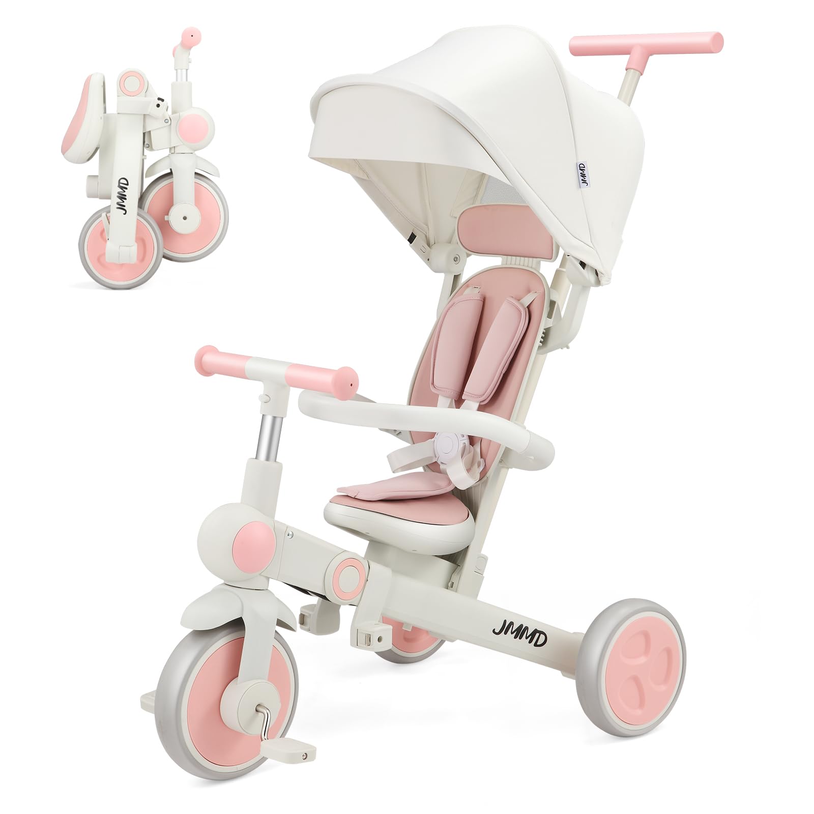 JMMD baby tricycle frame in pink, showing the 7-in-1 growth design.