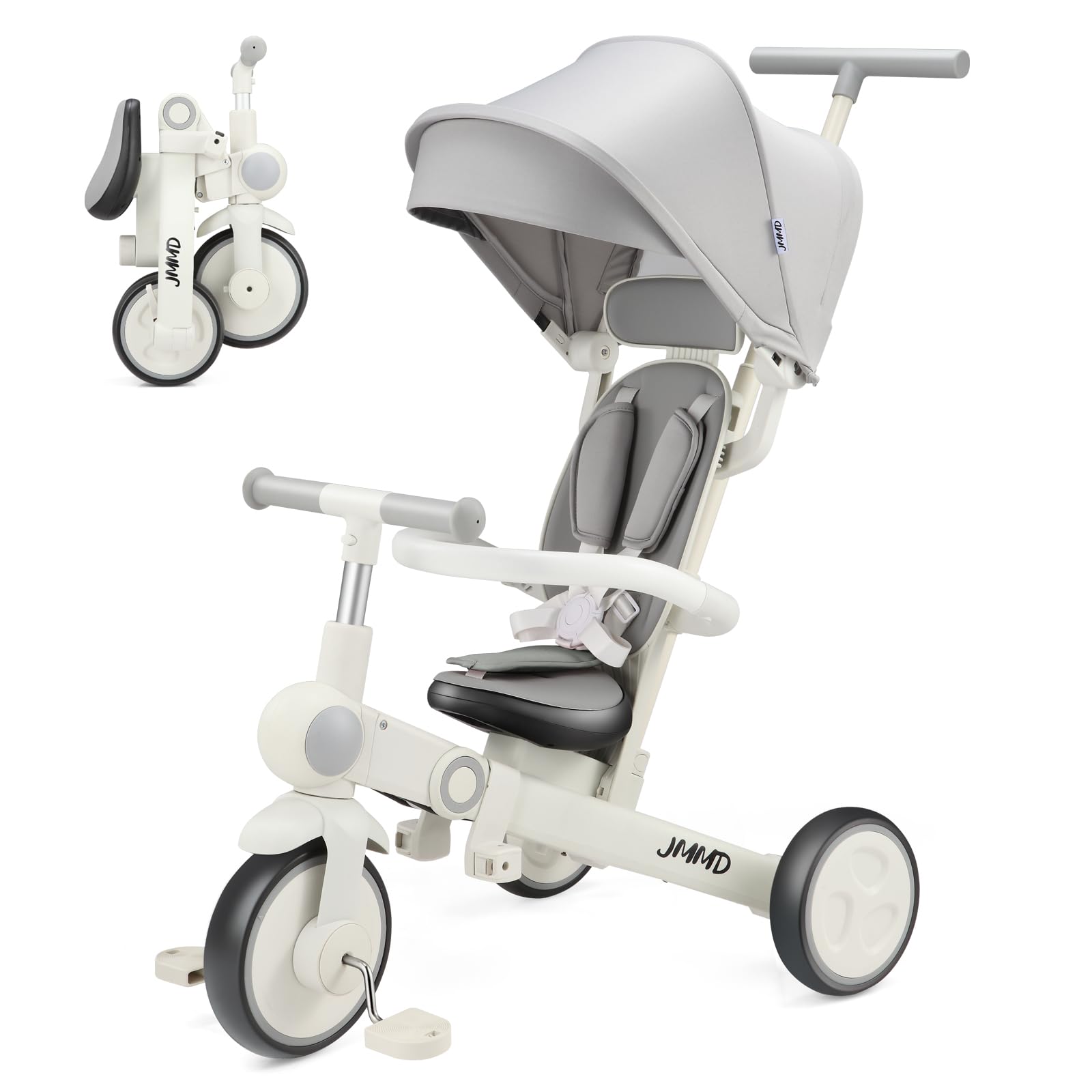 JMMD front view of assembled tricycle showing features and portability benefit