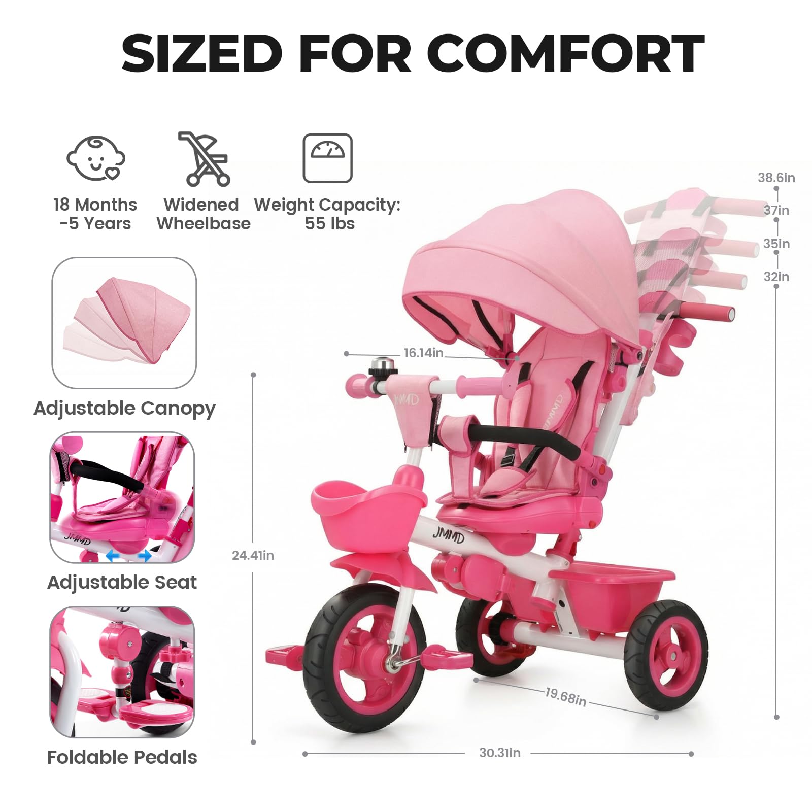JMMD folded compact tricycle illustrating easy storage and travel