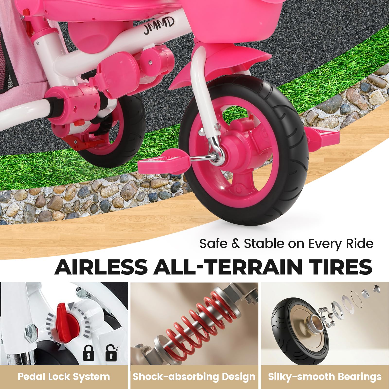 JMMD tricycle next to child to show size and growth-appropriate fit