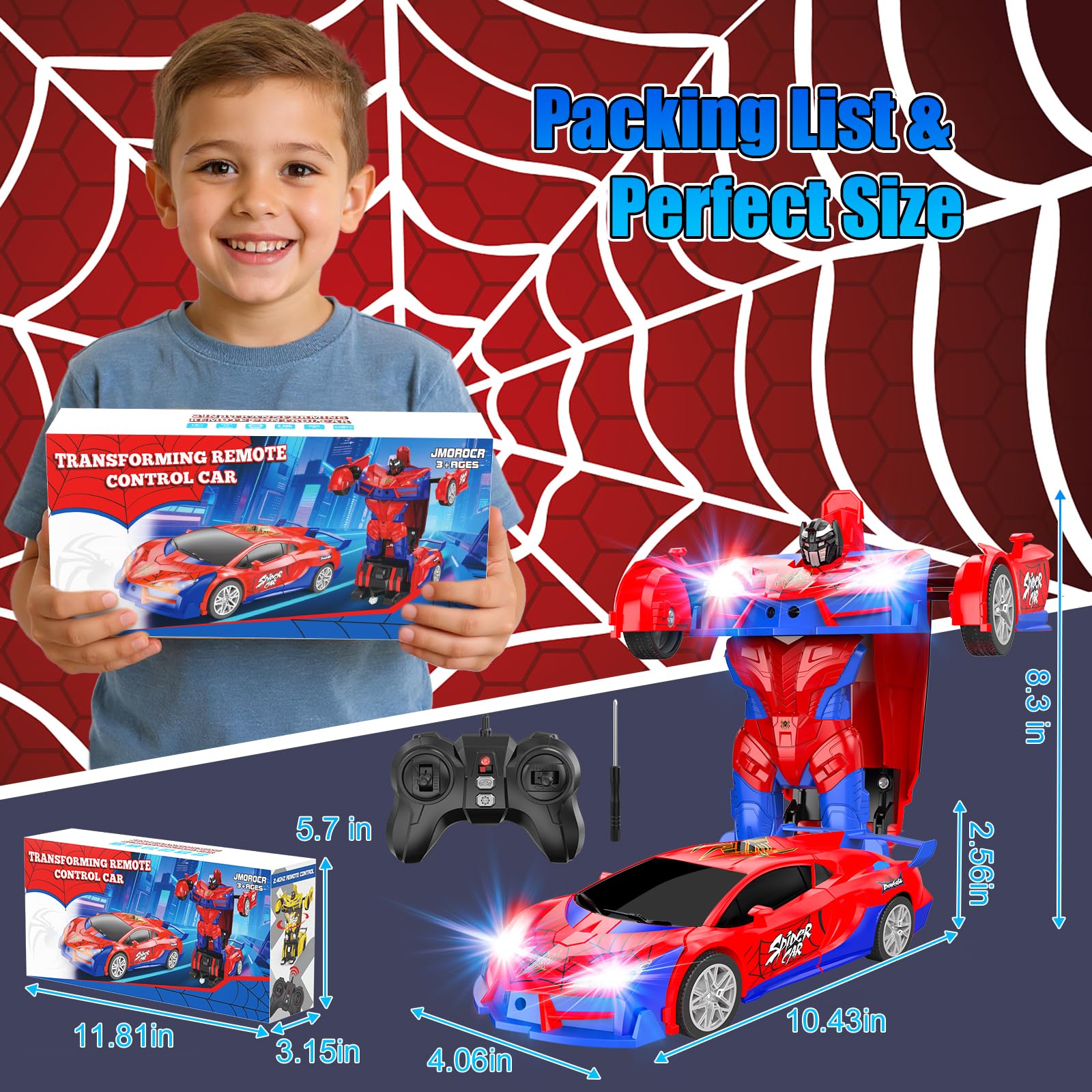 JMOROCR Spider Transform remote control shot emphasizing precise 2.4GHz control.