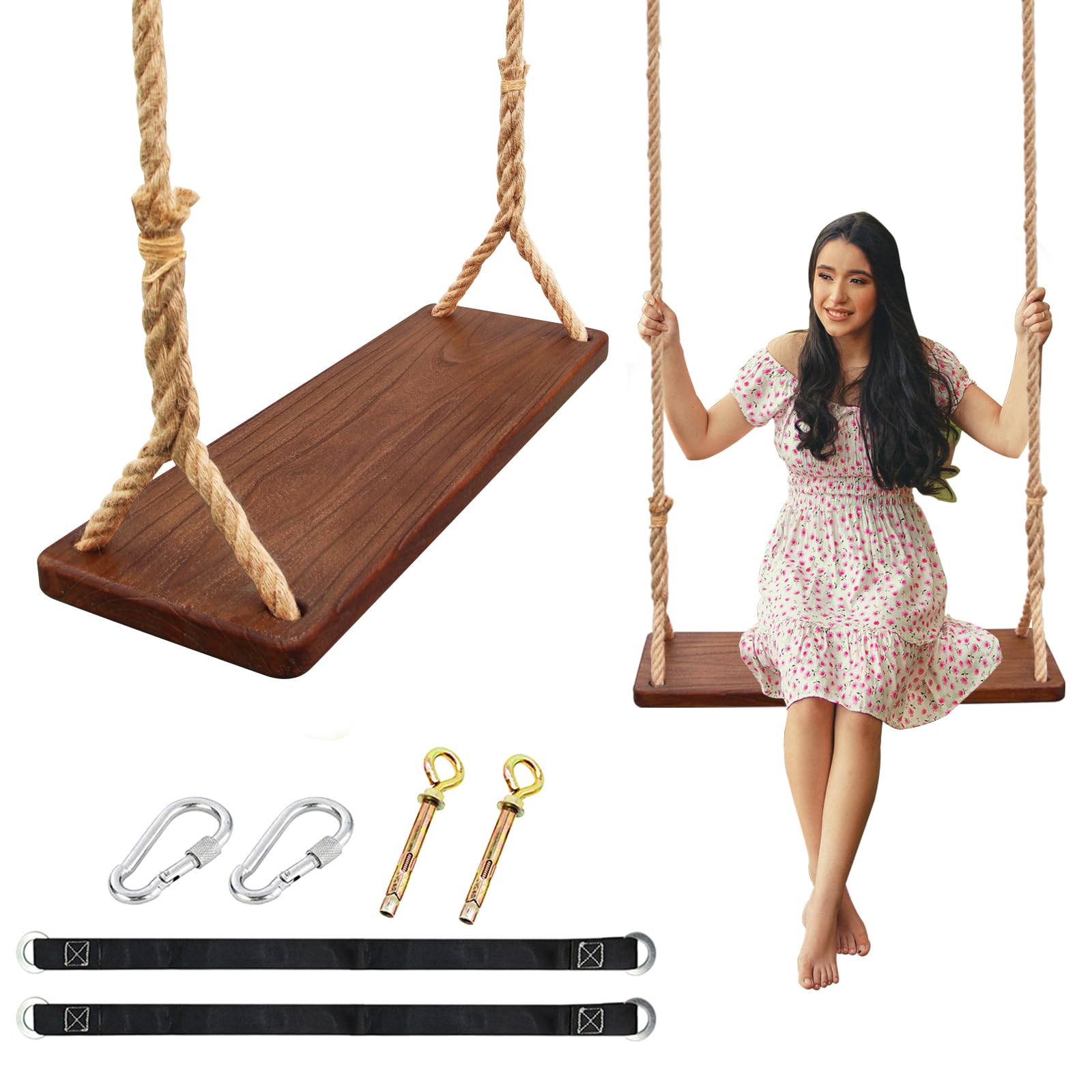 JMZOO wooden swing seat shown in natural finish for comfortable backyard relaxation.