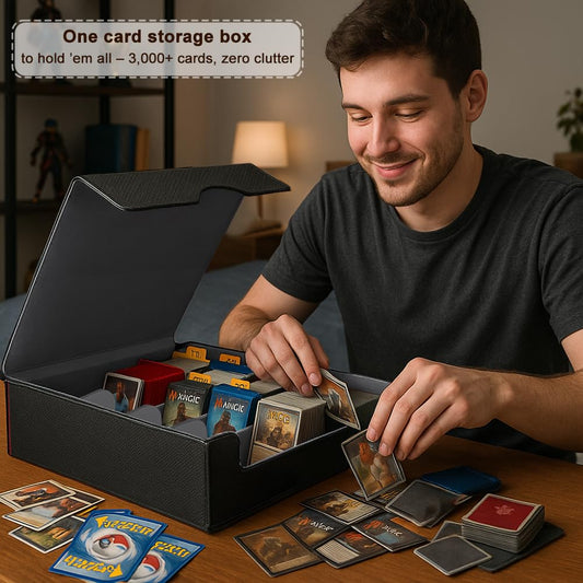 JNLODGE trading card storage box opened to show compact profile for backpack transport