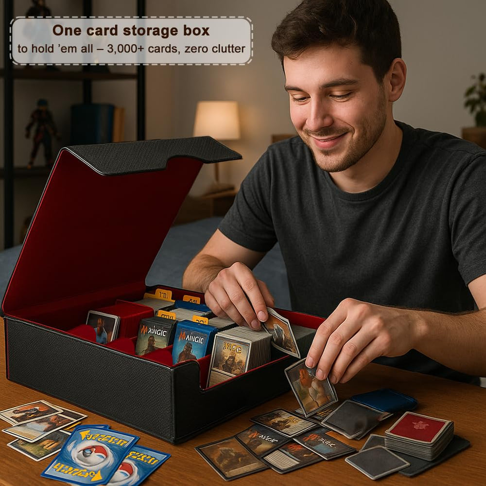 JNLODGE storage box in waterproof PU leather protects MTG cards from spills and humidity.