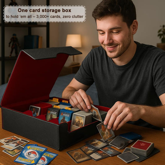 JNLODGE storage box in waterproof PU leather protects MTG cards from spills and humidity.