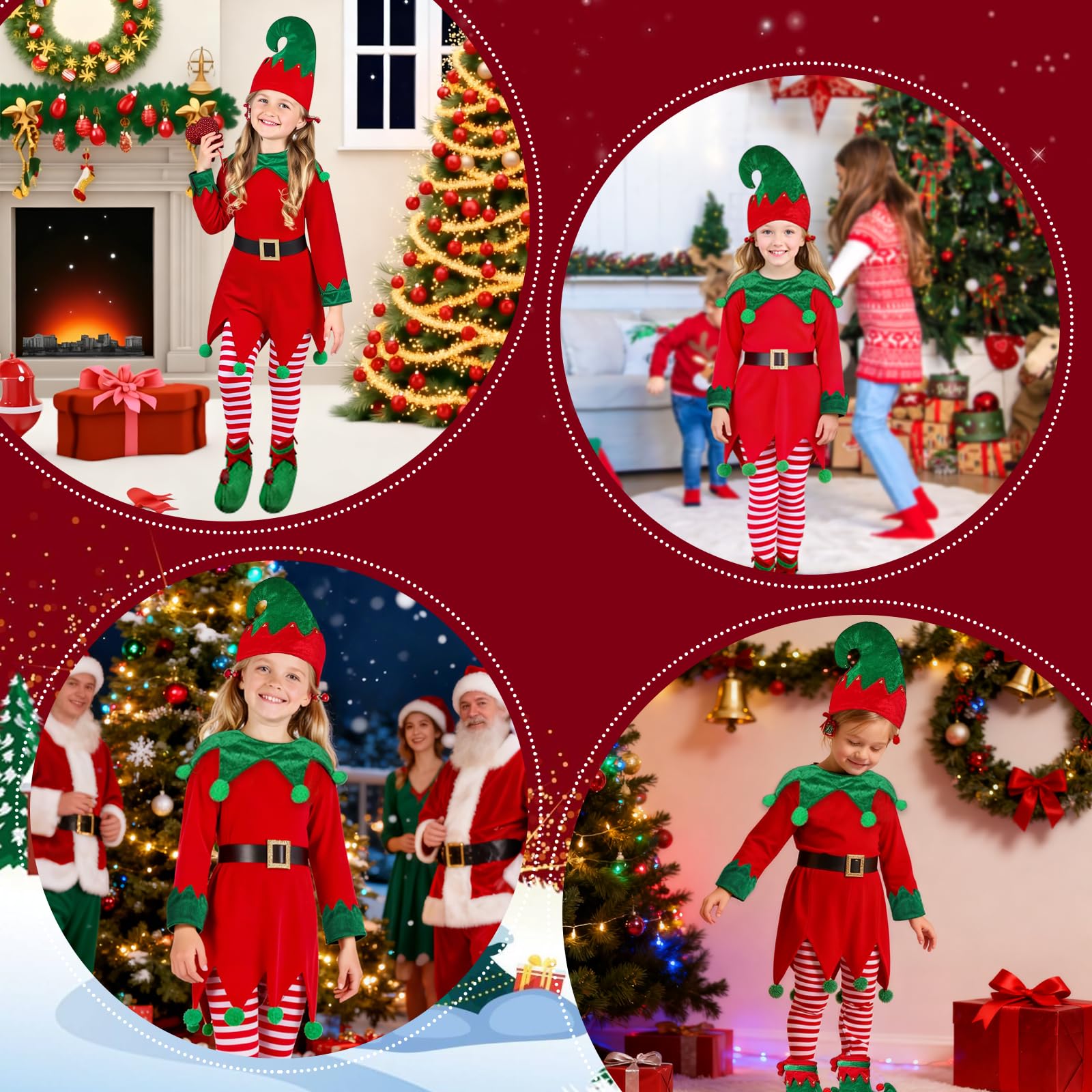 JNYVE striped knee socks complete the elf look for Christmas outfits.