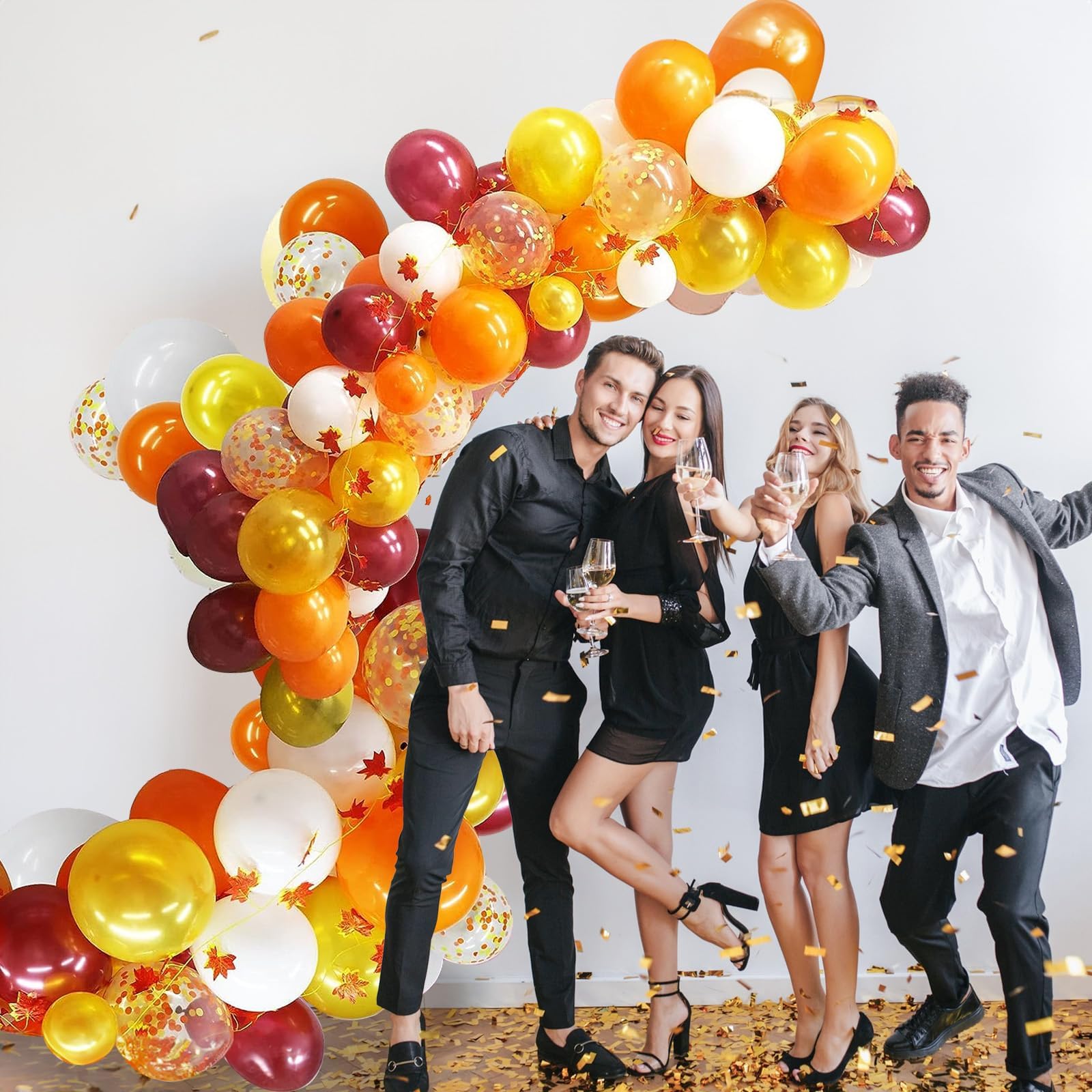 Jobkoo 12-inch orange with gold confetti balloon adds festive sparkle.