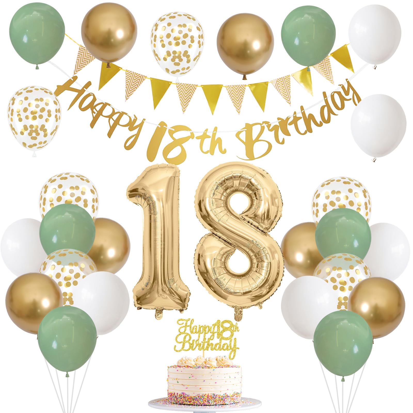 Jobkoo 18th banner enlivens sage green and gold party backdrop