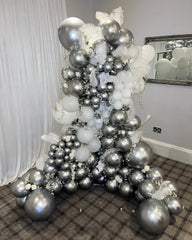 Jobkoo Disco Ball Arch Kit: 10-inch metallic silver balloons boost disco vibe