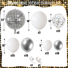 Jobkoo Disco Ball Arch Kit: 18-inch white balloons create an elegant backdrop
