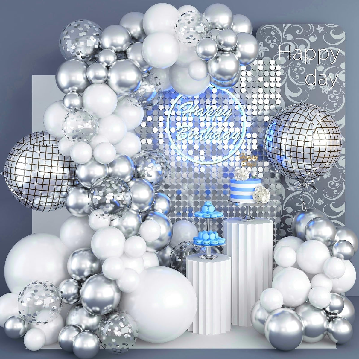 Jobkoo Disco Ball Arch Kit: 22-inch metallic disco balls add bold shine to the setup