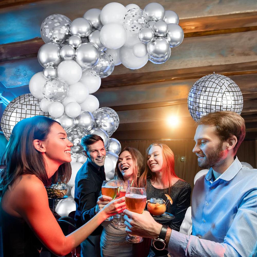 Jobkoo Disco Ball Arch Kit: 5-inch metallic silver balloons for fuller arch texture