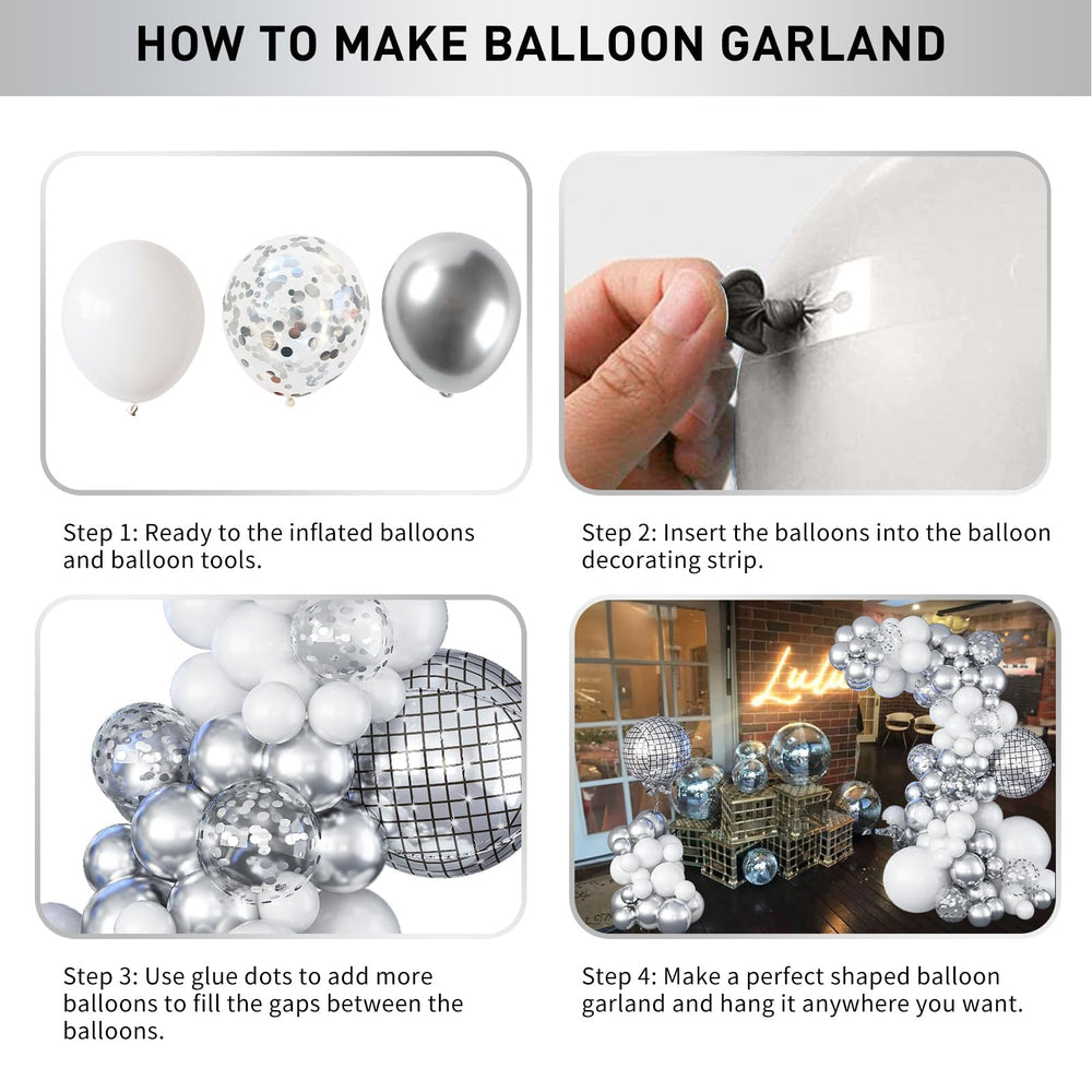 Jobkoo Disco Ball Arch Kit: 5-inch white balloons complete the polished look
