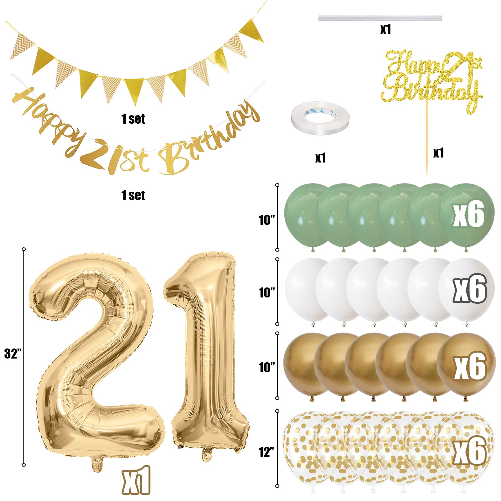 Jobkoo gold 21-number foil balloons provide a festive focal point.