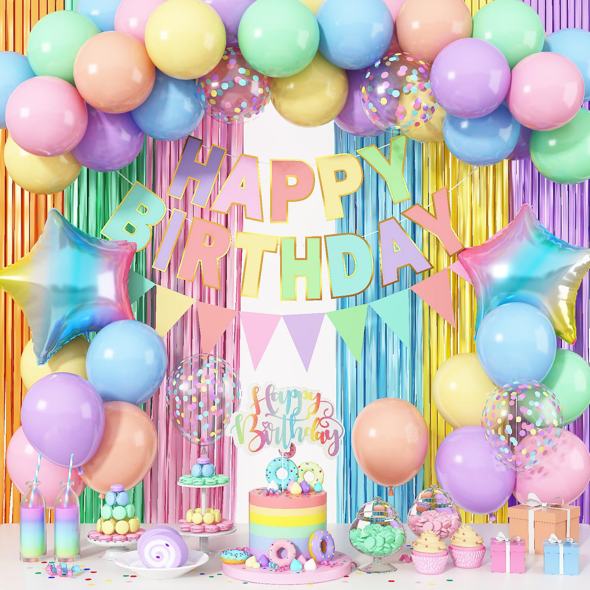 Jobkoo pastel 12-inch latex balloons for a festive rainbow arch.
