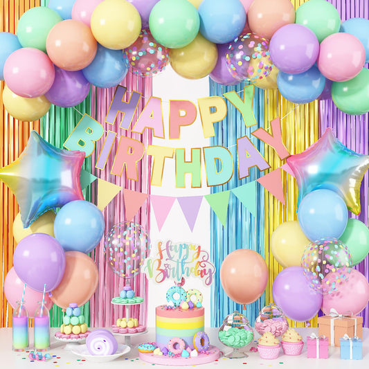 Jobkoo pastel 12-inch latex balloons for a festive rainbow arch.