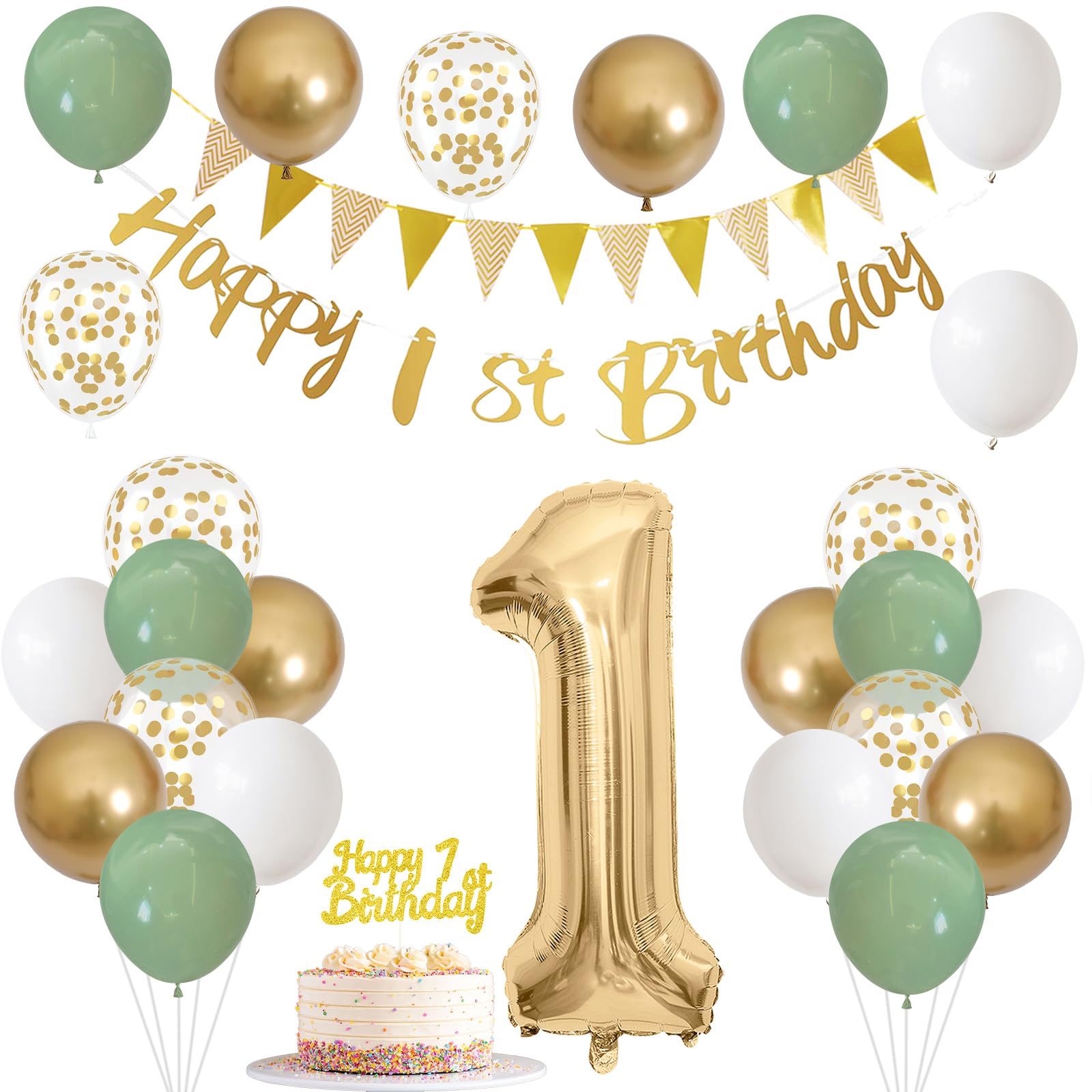 Jobkoo sage green gold banner for 1st birthday décor enhances photo-ready moments