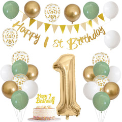 Jobkoo sage green gold banner for 1st birthday décor enhances photo-ready moments