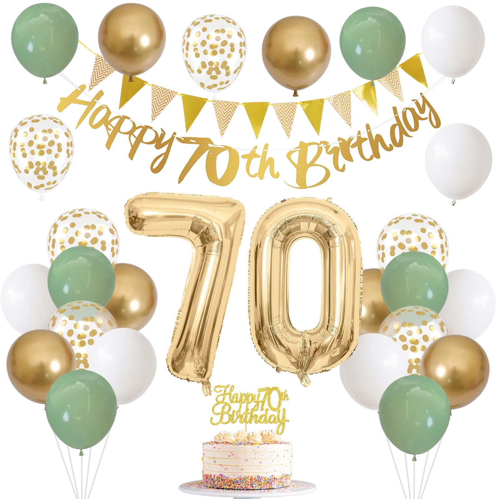 Jobkoo Sage Green White Gold 70th Birthday Banner—festive backdrop for photos.