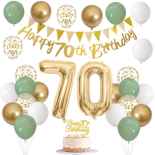 Jobkoo Sage Green White Gold 70th Birthday Banner—festive backdrop for photos.