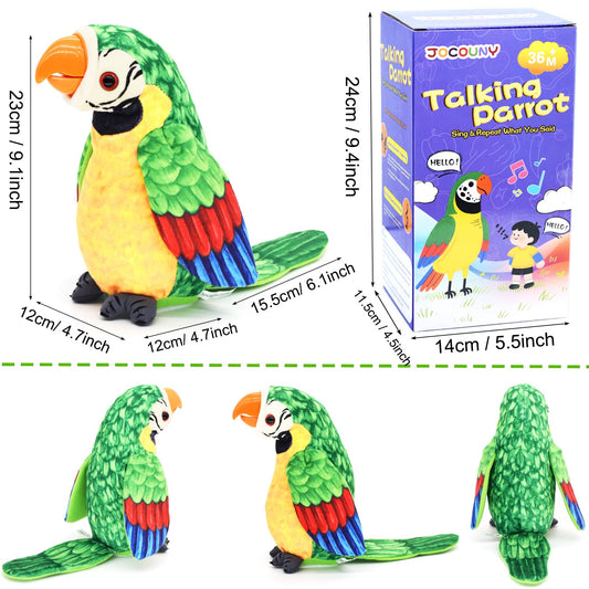 JOCOUNY talking parrot repeats spoken phrases to promote playful language.