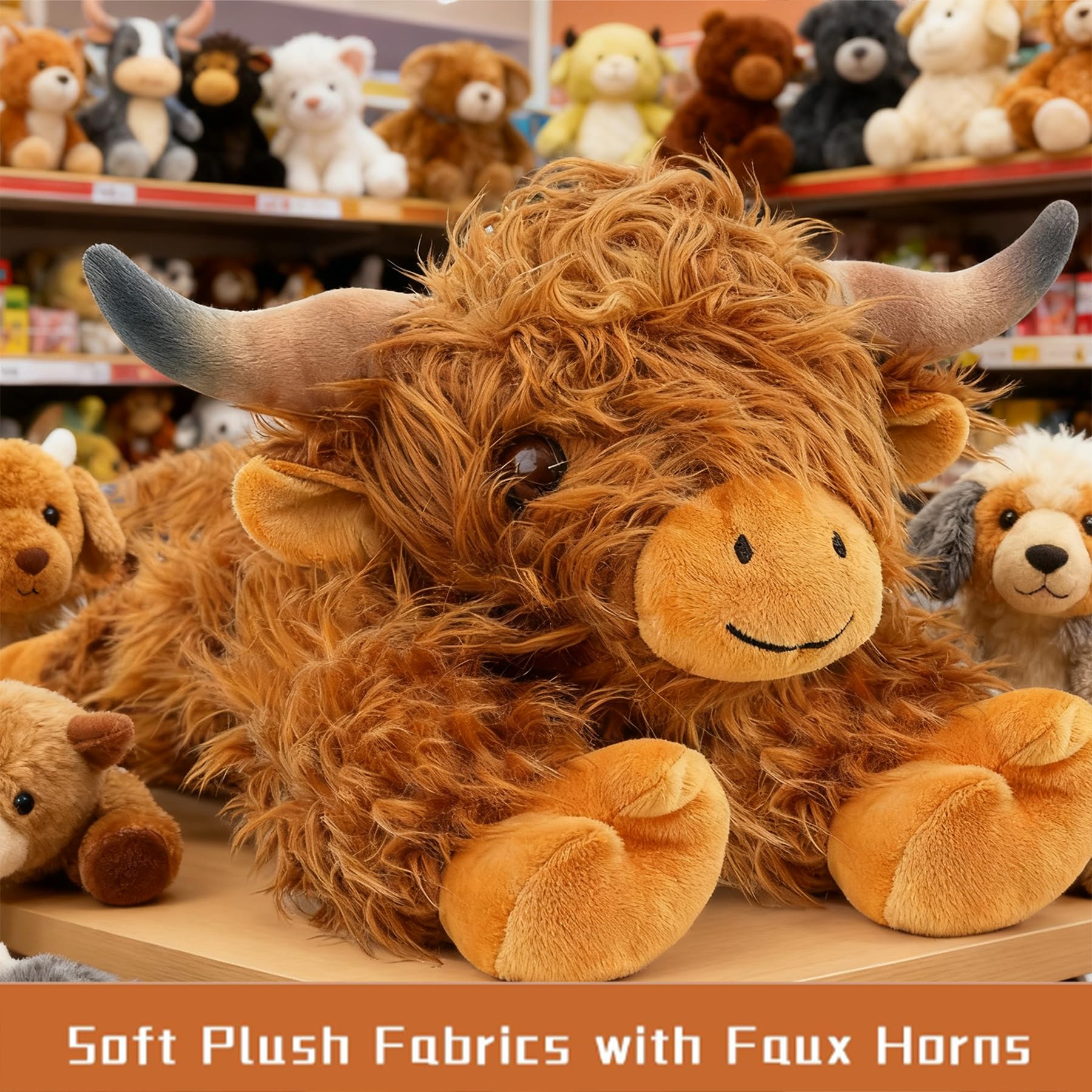 JOD Highland Cow long horns and shaggy coat add lifelike charm.