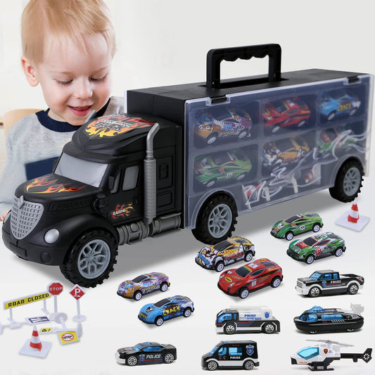 JODUDLR car carrier truck set with sturdy case for easy storage.