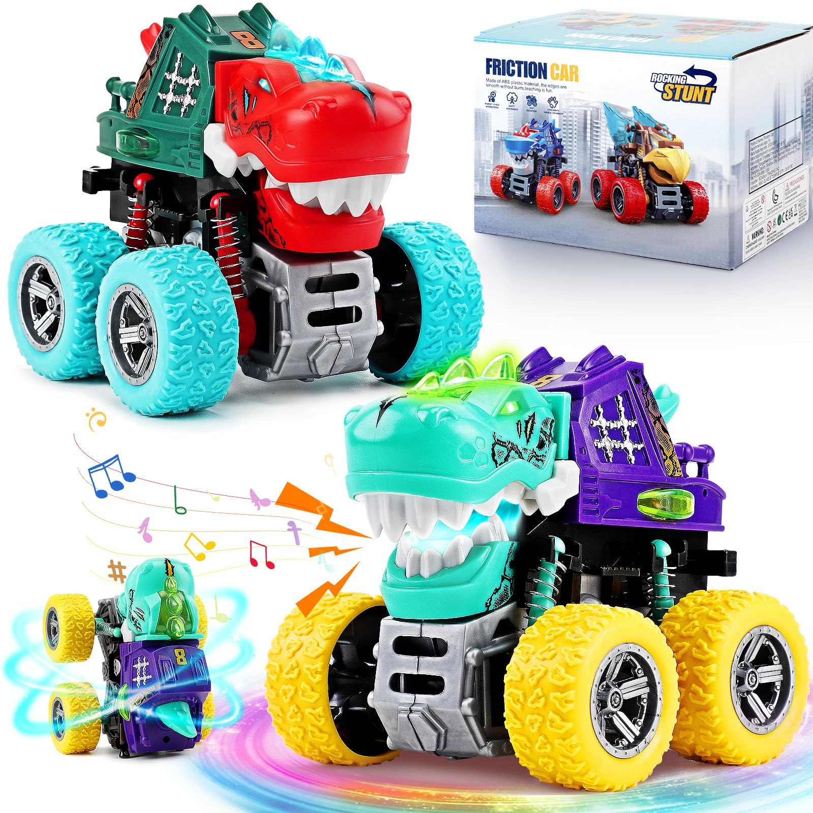 JODUDLR dinosaur trucks, front view, bold colors invite imaginative play