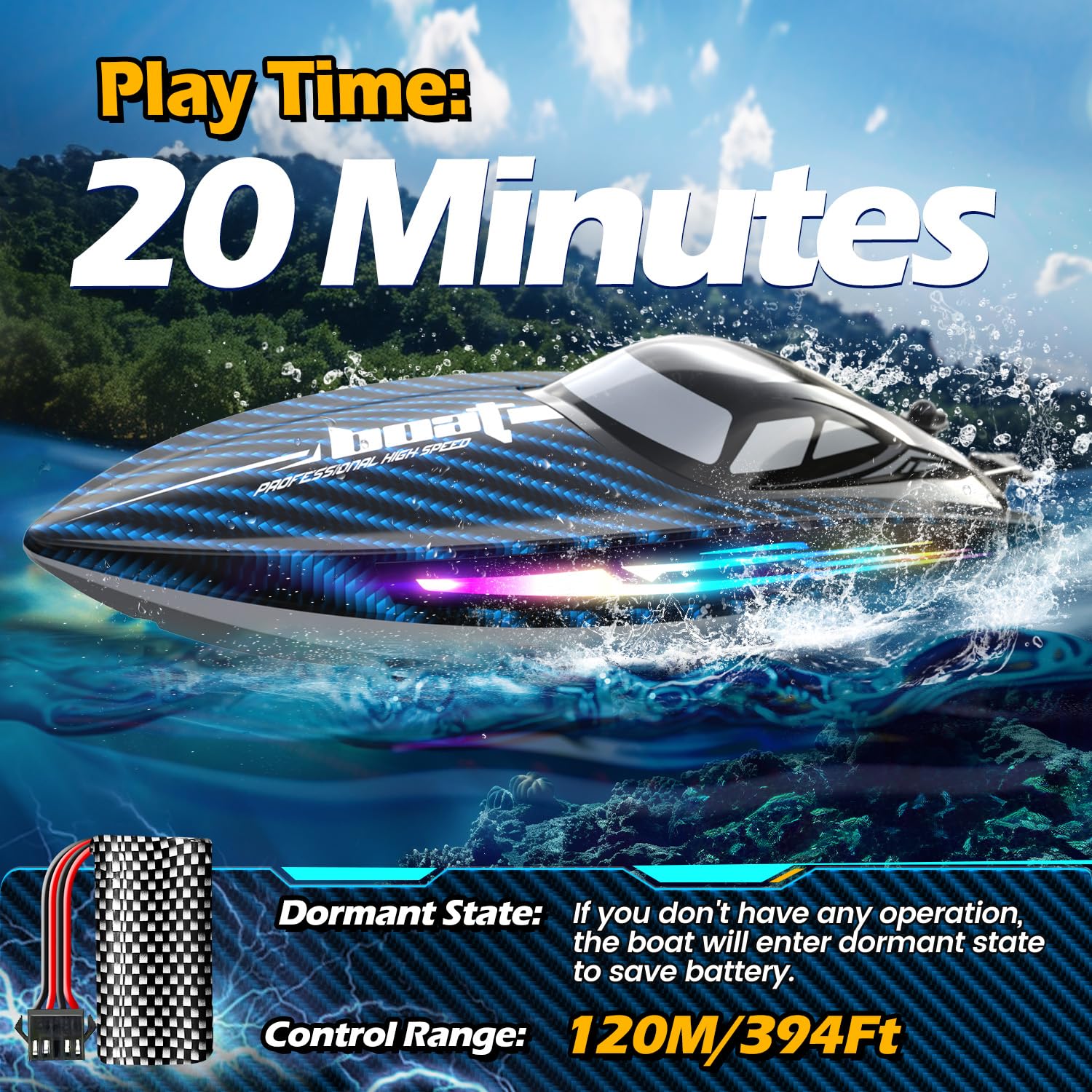 Jogpun 30kmh RC boat LED modes for dramatic night cruises